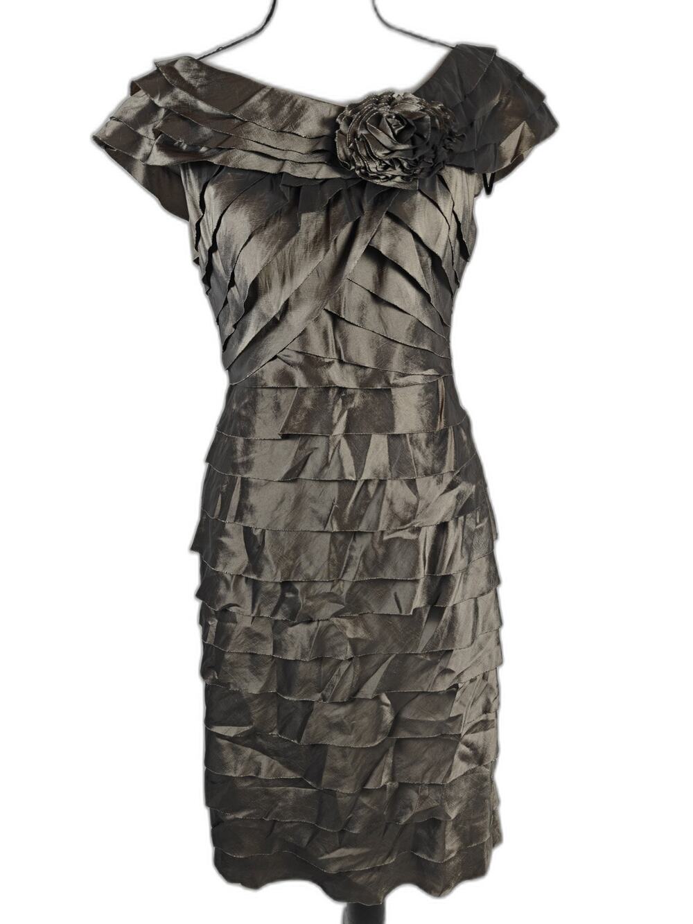 Women’s London Times Tiered Ruffle Rosette Cocktail Dress Silver Size 6